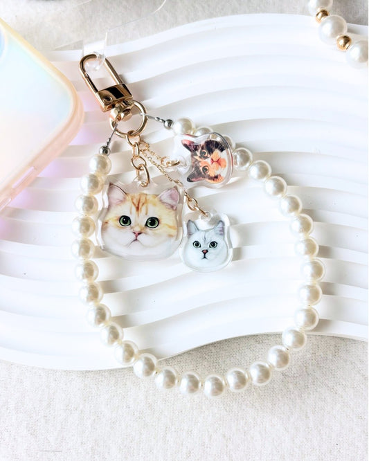 [插畫/照片客製化] 寵物造型珍珠手機繩 - Cat Widgets