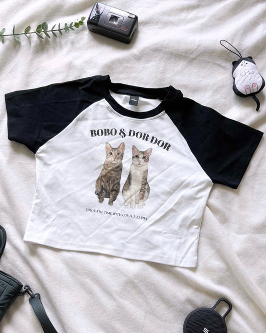 [插畫/照片客製化] 數碼直噴 ‧ 拼色緊身短版T-shirt - Cat Widgets